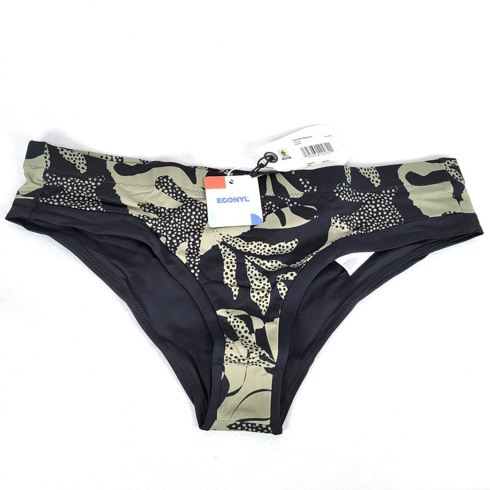 Prana Womens Upswell Leaf Cheeky Swimsuit Bikini Bottom Size Large Black Lined